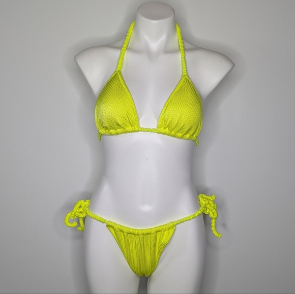 Aerie Neon Yellow Scrunch Strap Tie String Triangle Bikini S/M - Picture 1 of 8